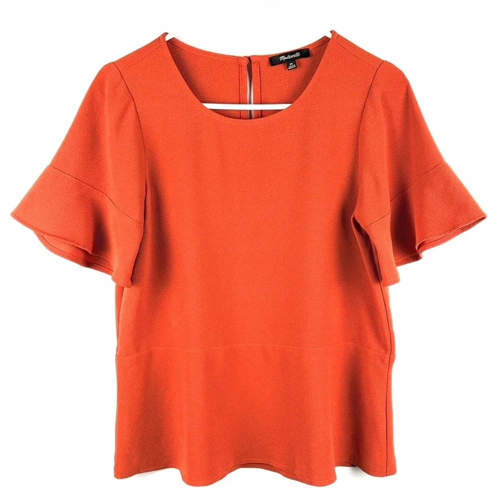 Madewell XS Orange Textured Flutter Sleeve Peplum Blouse Top - Picture 3 of 13